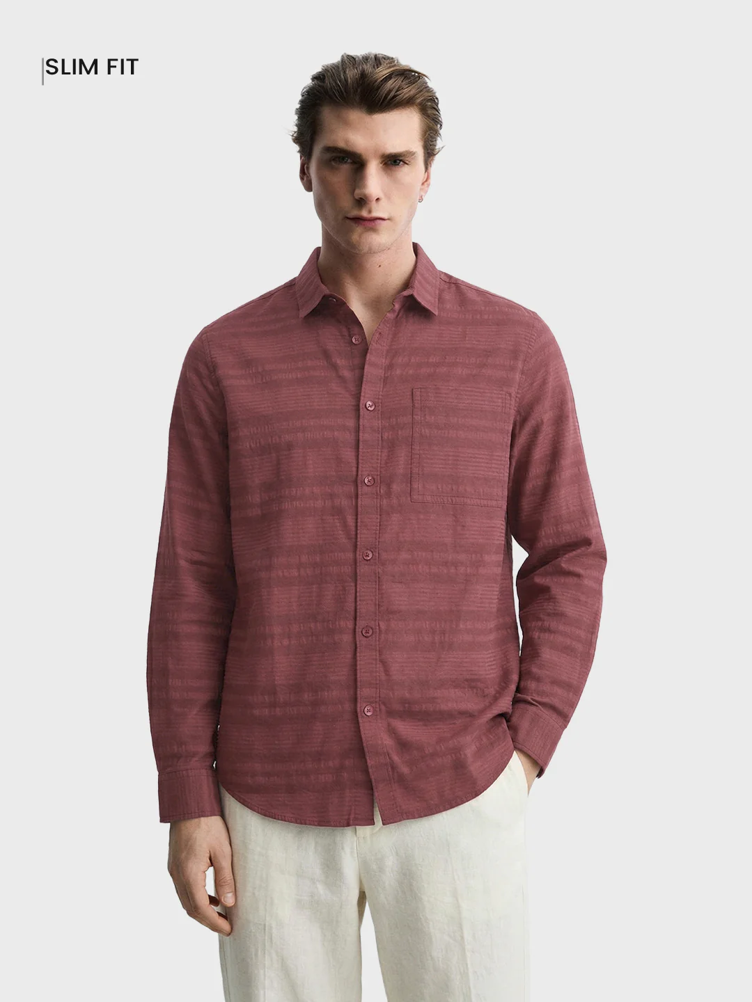 Men's Maroon Slim Fit Striped Casual Shirt - Image 2