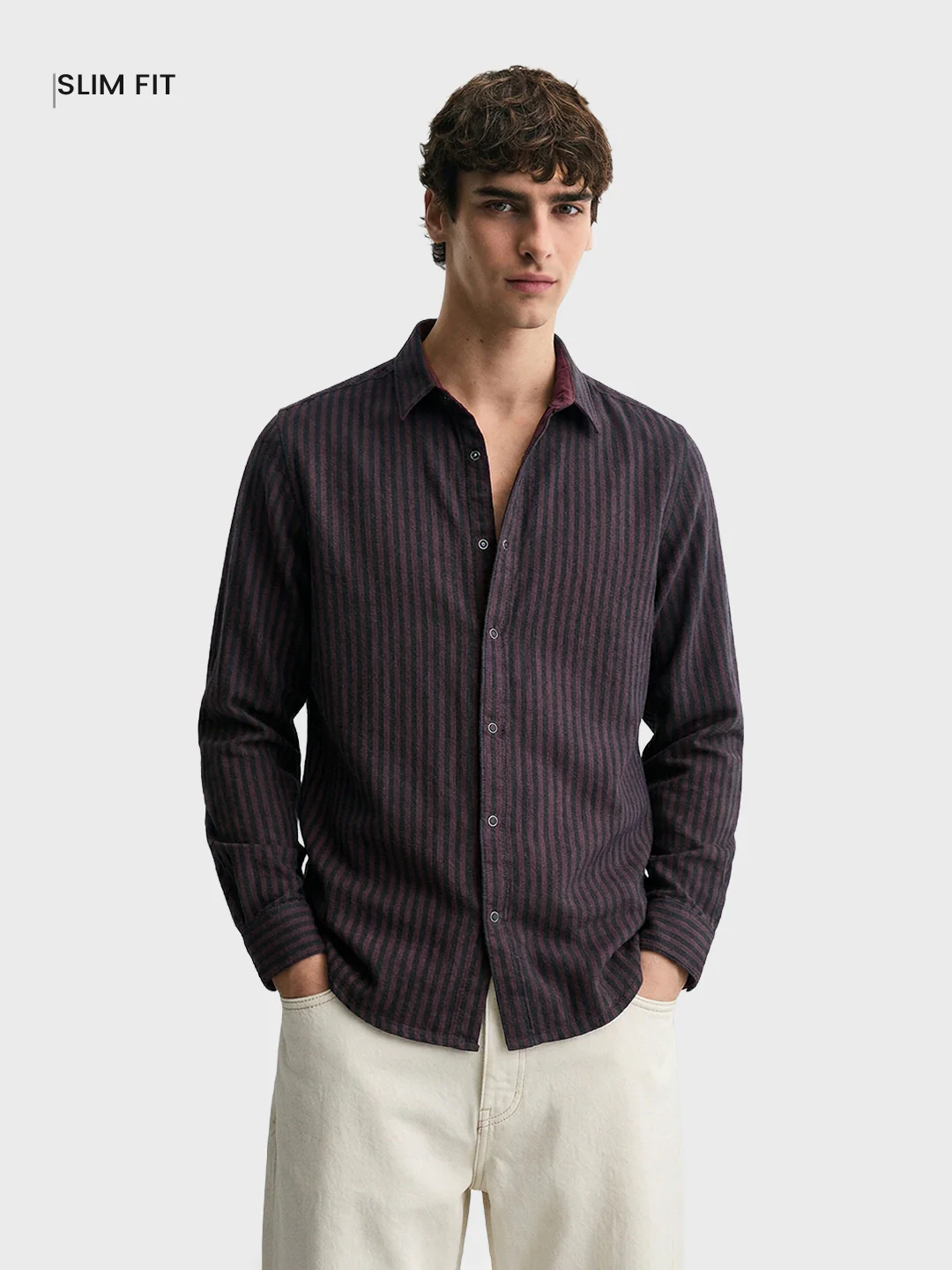 Men's Maroon Slim Fit Striped Casual Shirt - Image 2