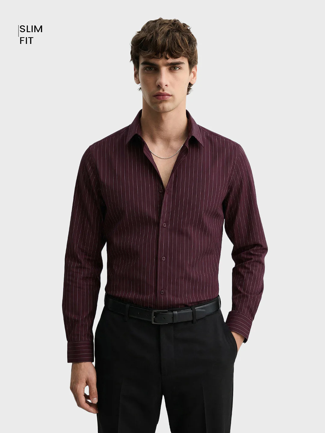 Men's Maroon Slim Fit Striped Casual Shirts - Image 2