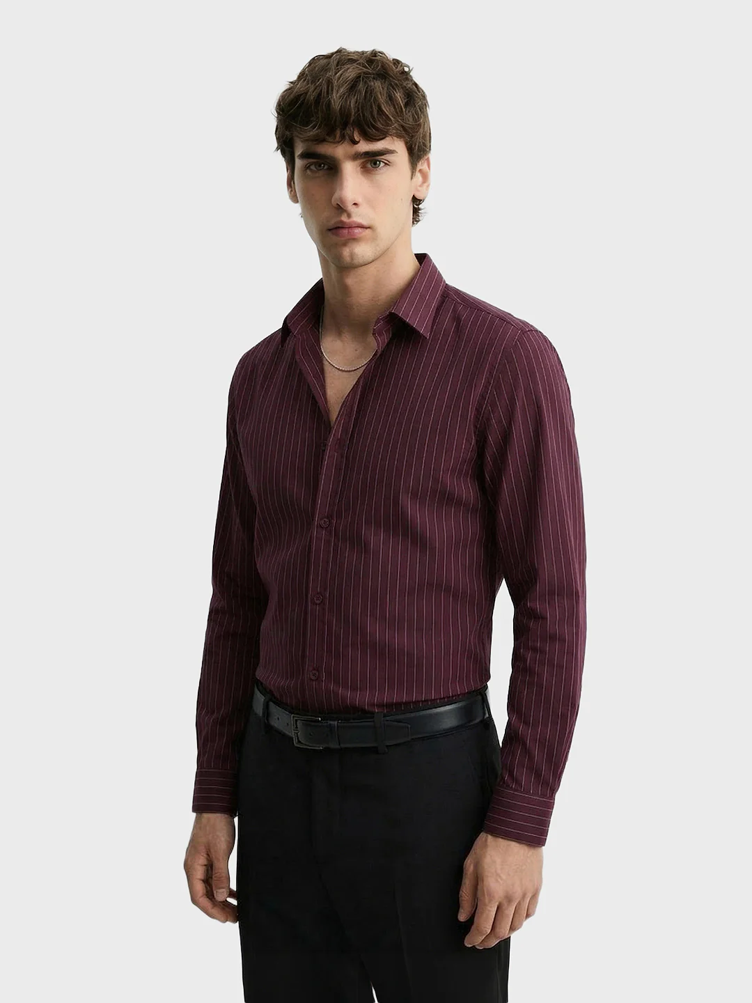 Men's Maroon Slim Fit Striped Casual Shirts - Image 3