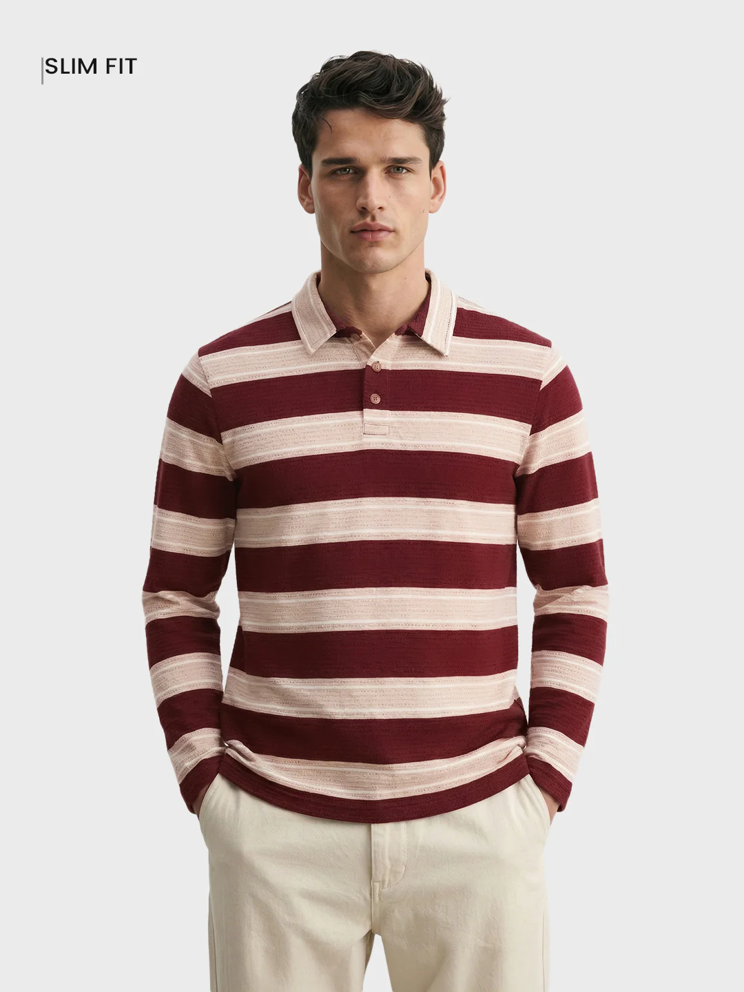 Men's Maroon Slim Fit Striped Casual T-Shirt - Image 2