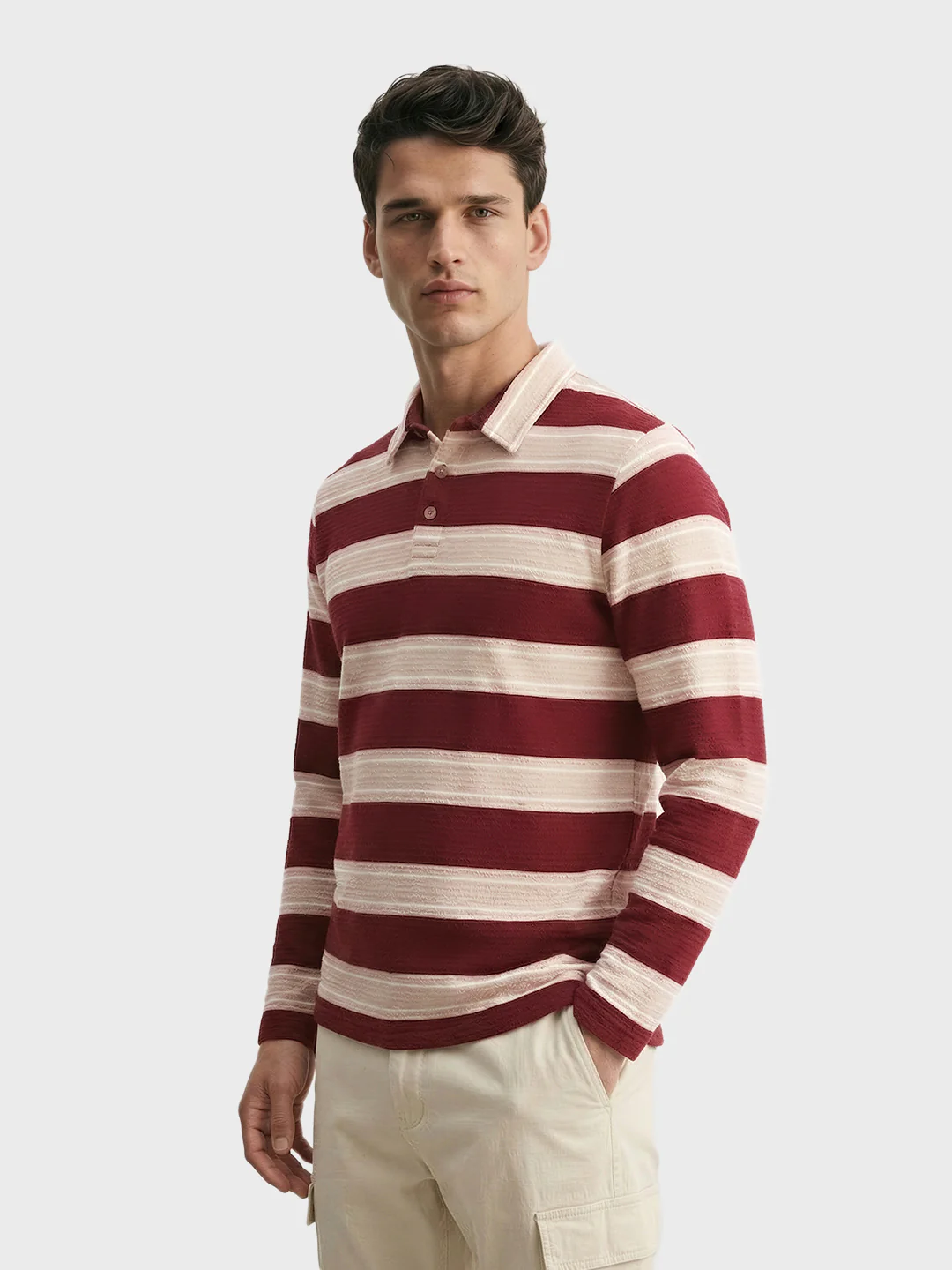 Men's Maroon Slim Fit Striped Casual T-Shirt - Image 4