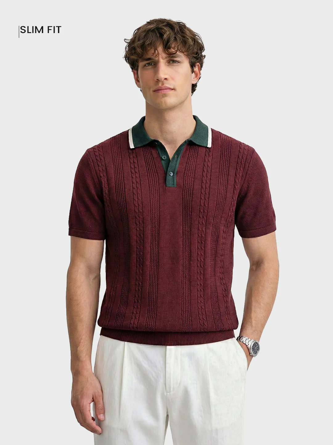 Men's Maroon Slim Fit Textured Flat Knit T-Shirt - Image 2