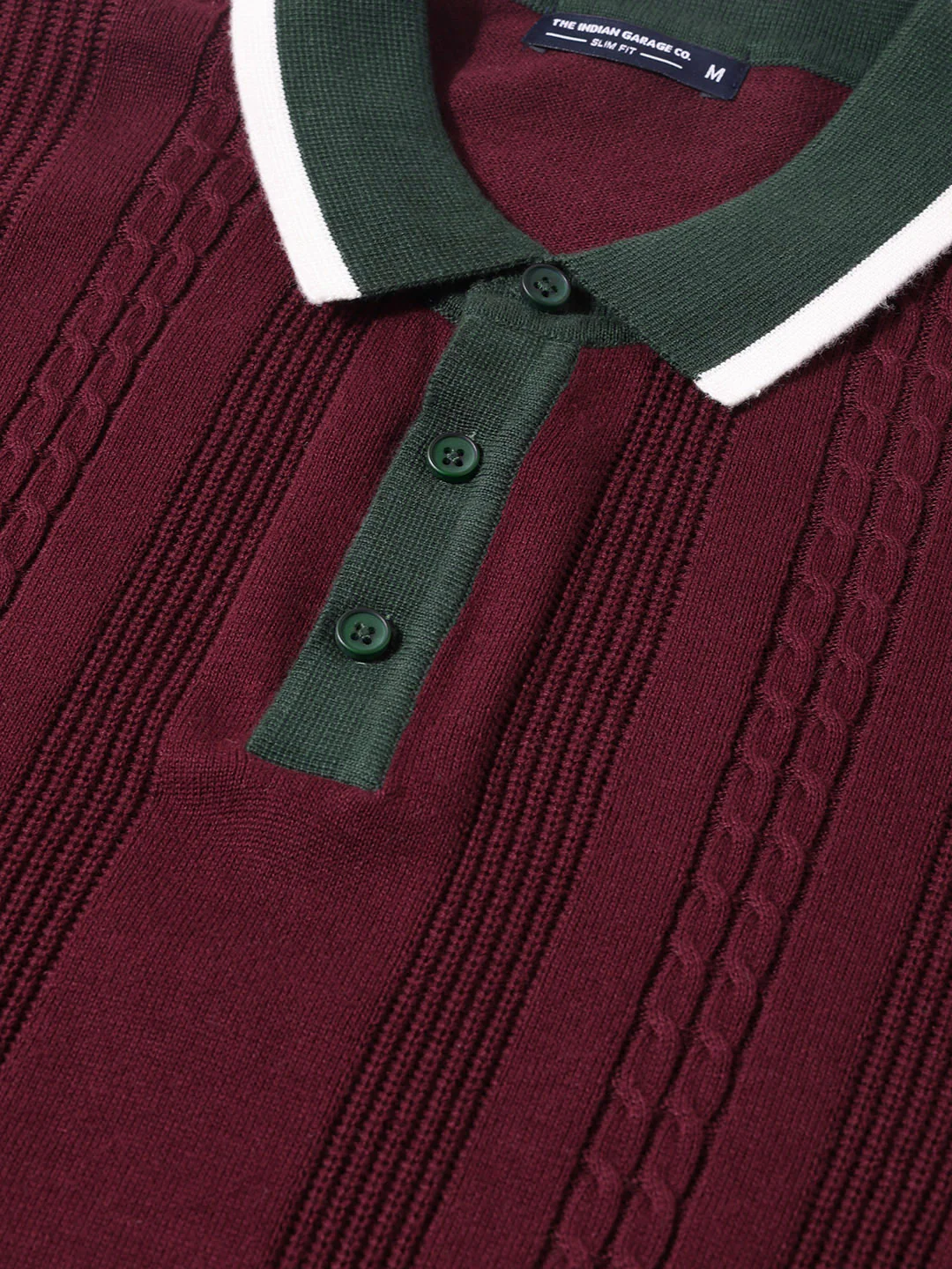 Men's Maroon Slim Fit Textured Flat Knit T-Shirt - Image 3