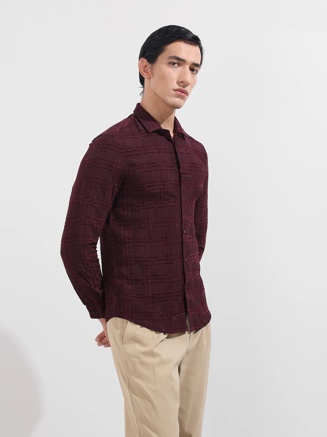 Men's Maroon Slim Fit Textured Party Wear Shirt - Image 4