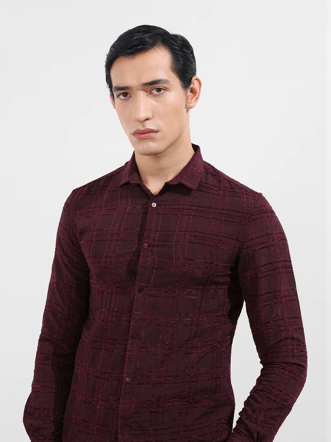 Men's Maroon Slim Fit Textured Party Wear Shirt - Image 5