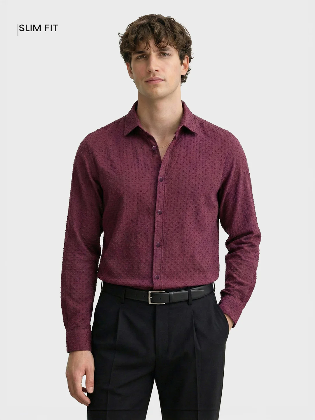Men's Maroon Slim Fit Textured Party Wear Shirt - Image 2