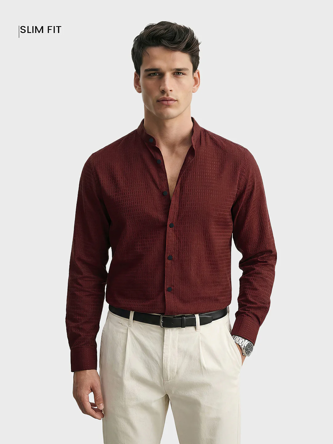 Men's Maroon Slim Fit Textured Party Wear Shirt - Image 2