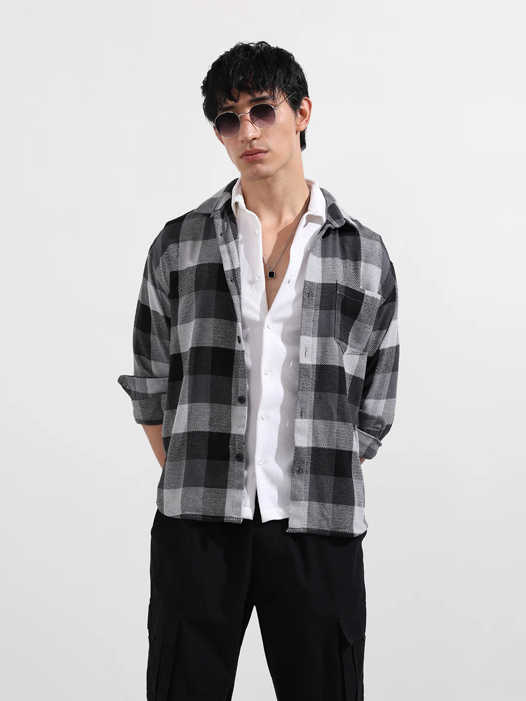 Men's Melange Relaxed Fit Casual Checkered Shirt - Image 2