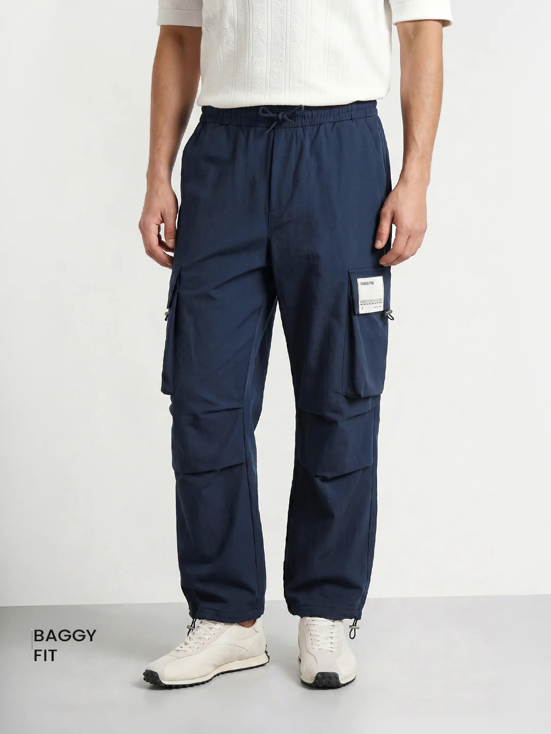 Men's Navy Blue Baggy Fit Solid Utility Cargos - Image 2