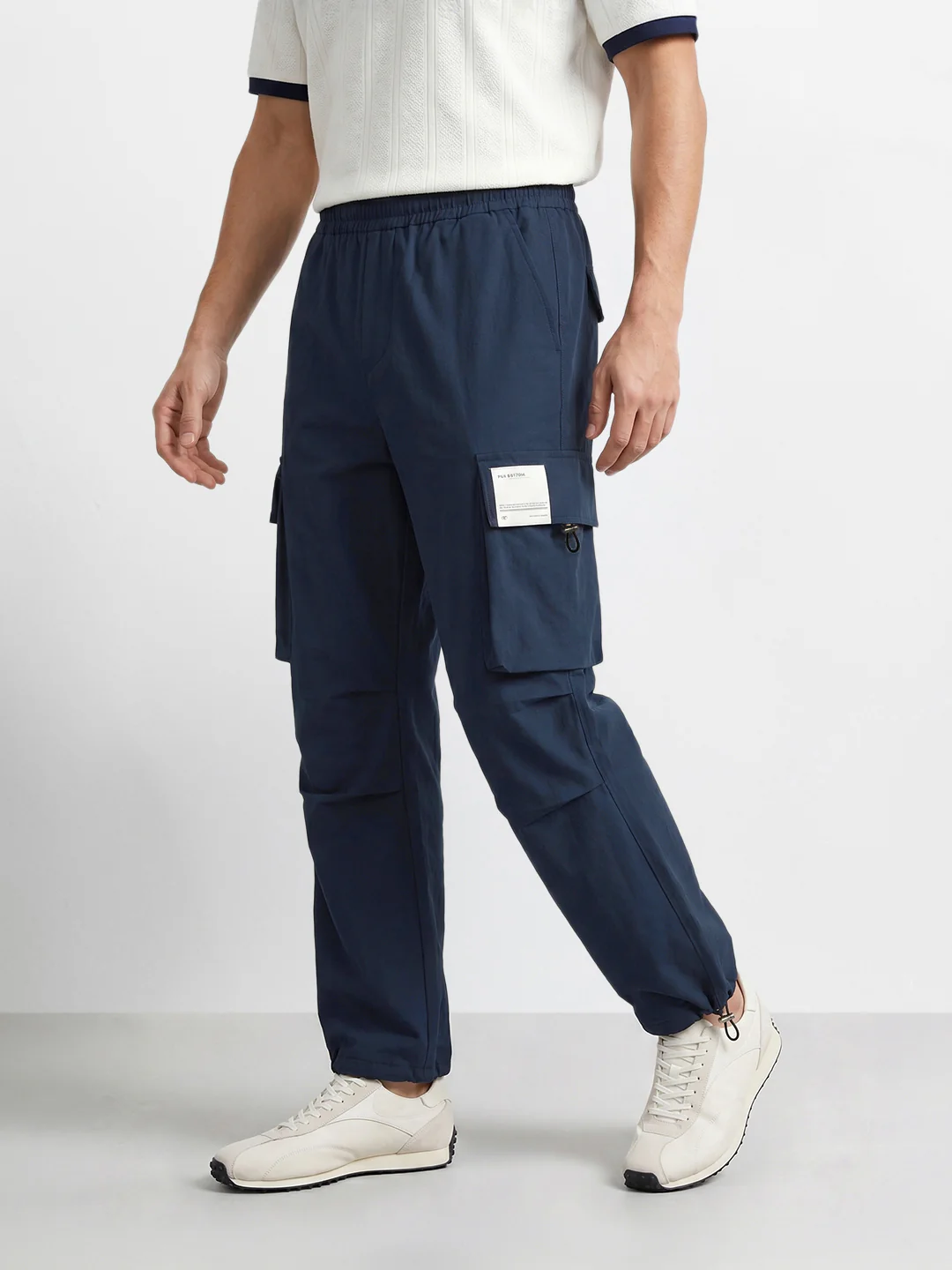 Men's Navy Blue Baggy Fit Solid Utility Cargos - Image 3