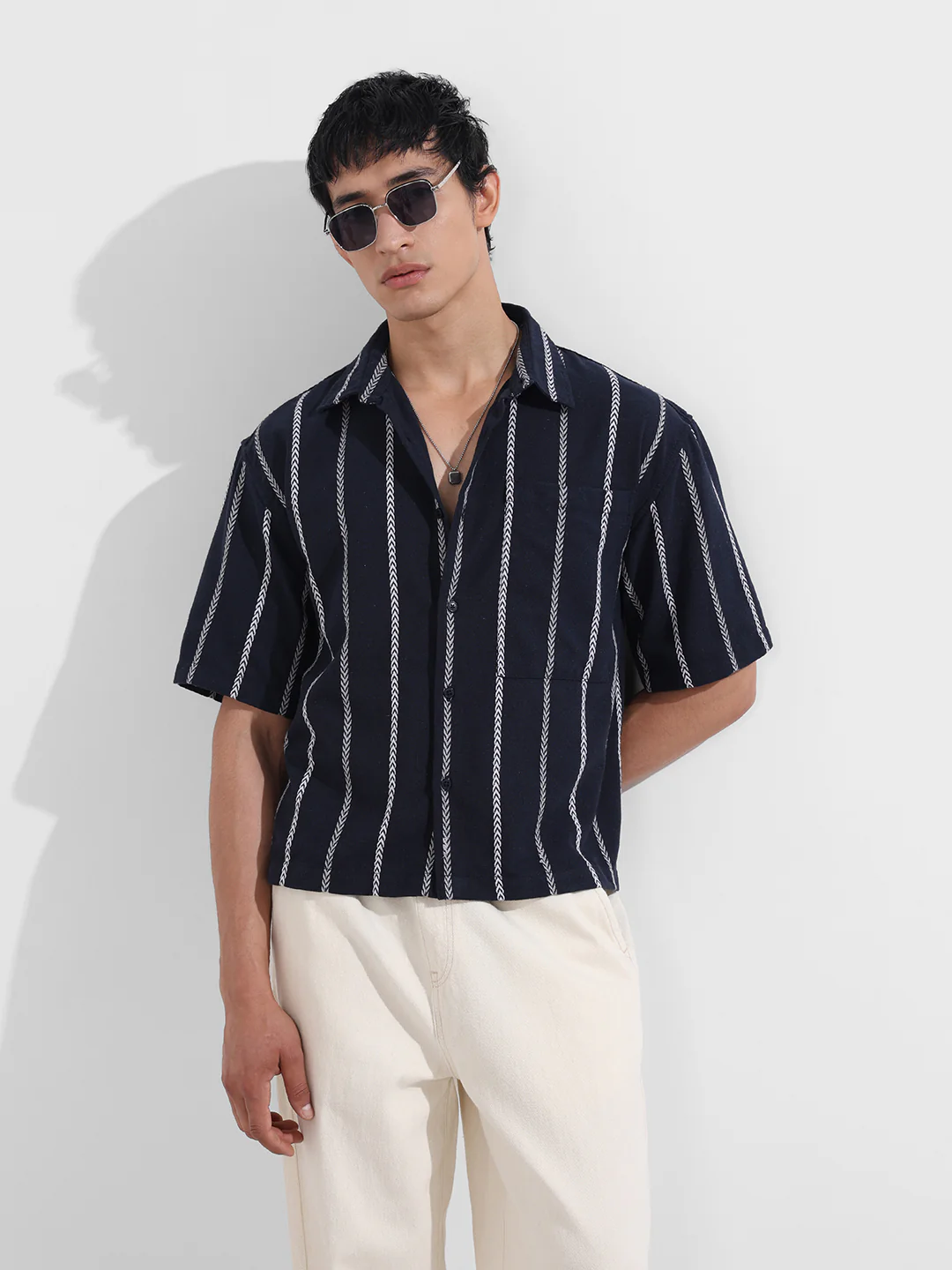Men's Navy Blue Boxy Fit Resort Wear Textured Shirt - Image 2