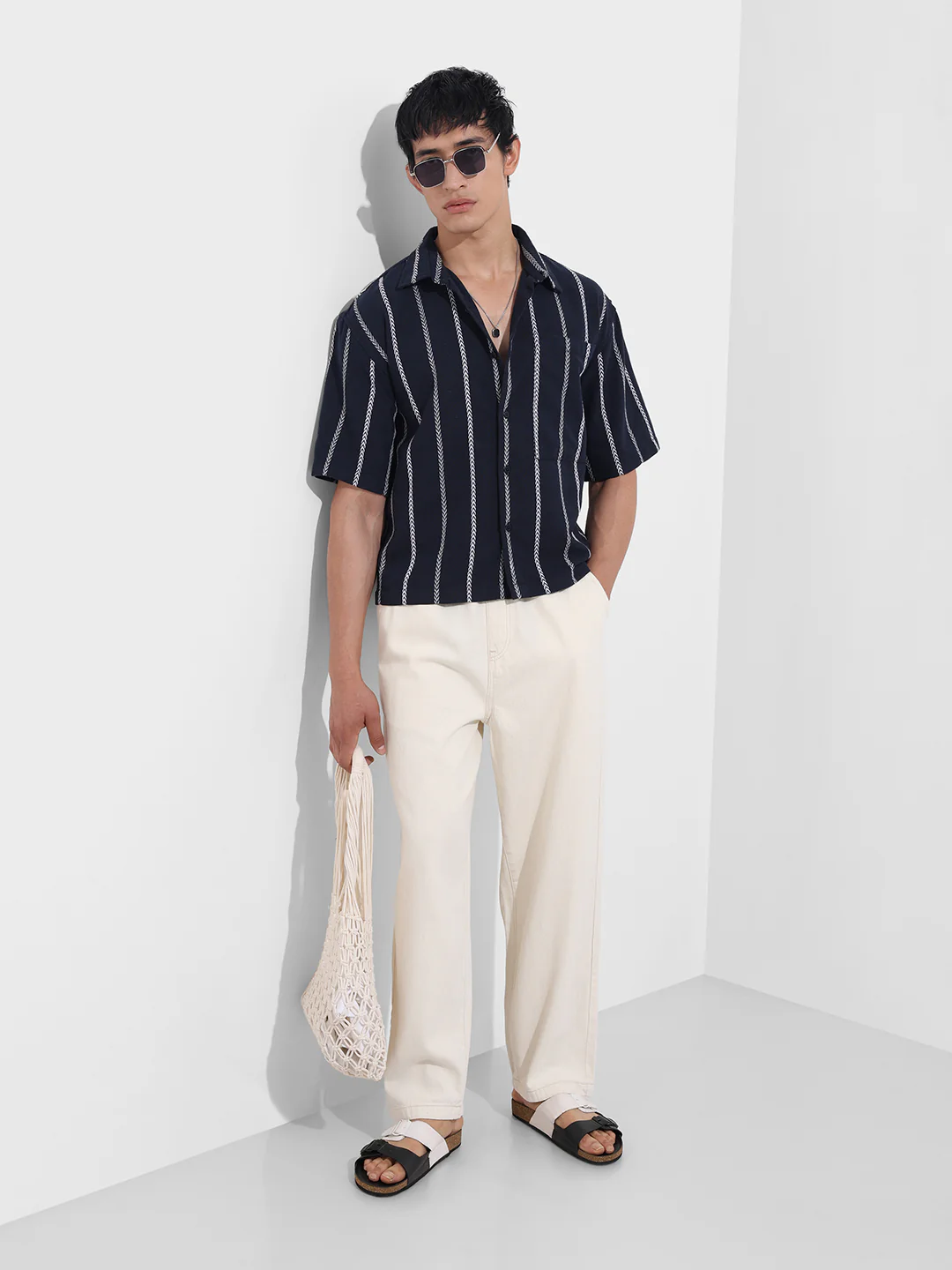 Men's Navy Blue Boxy Fit Resort Wear Textured Shirt - Image 3