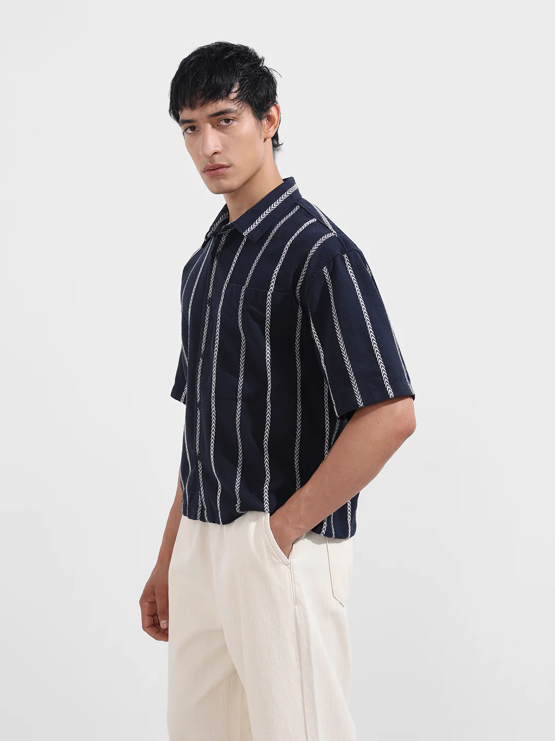 Men's Navy Blue Boxy Fit Resort Wear Textured Shirt - Image 4