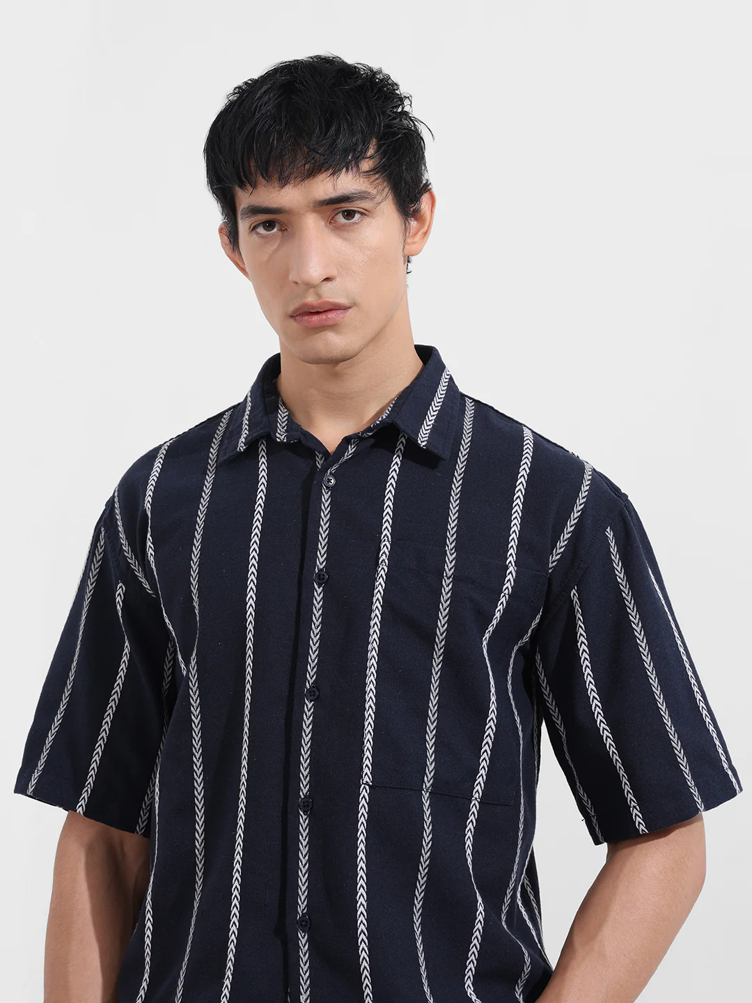 Men's Navy Blue Boxy Fit Resort Wear Textured Shirt - Image 5
