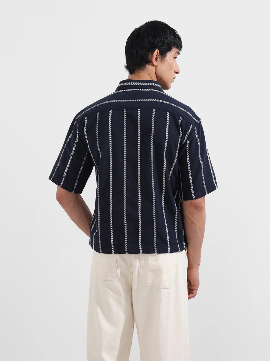 Men's Navy Blue Boxy Fit Resort Wear Textured Shirt - Image 6