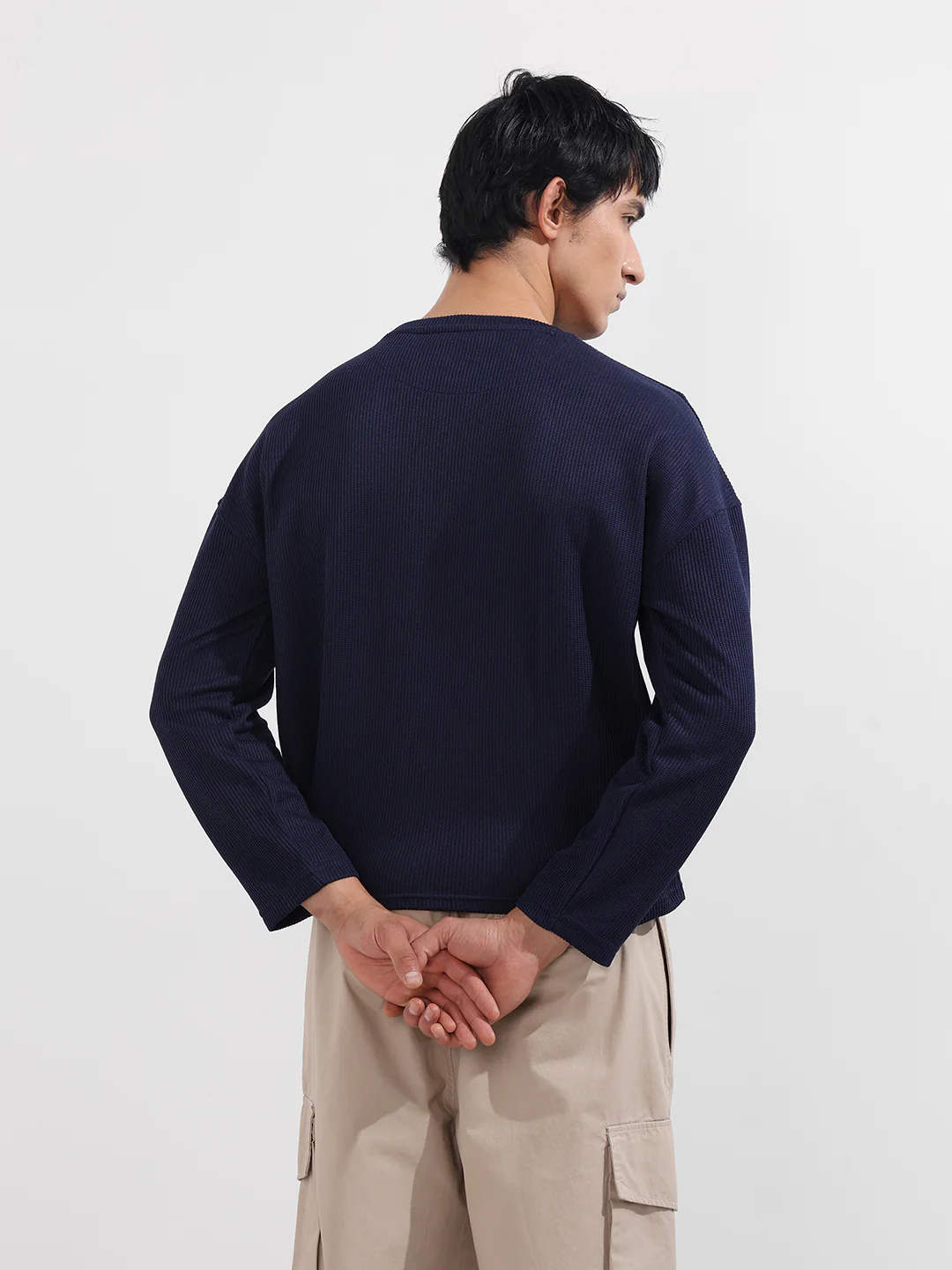Men's Navy Blue Boxy Fit Textured Casual T-Shirt - Image 5