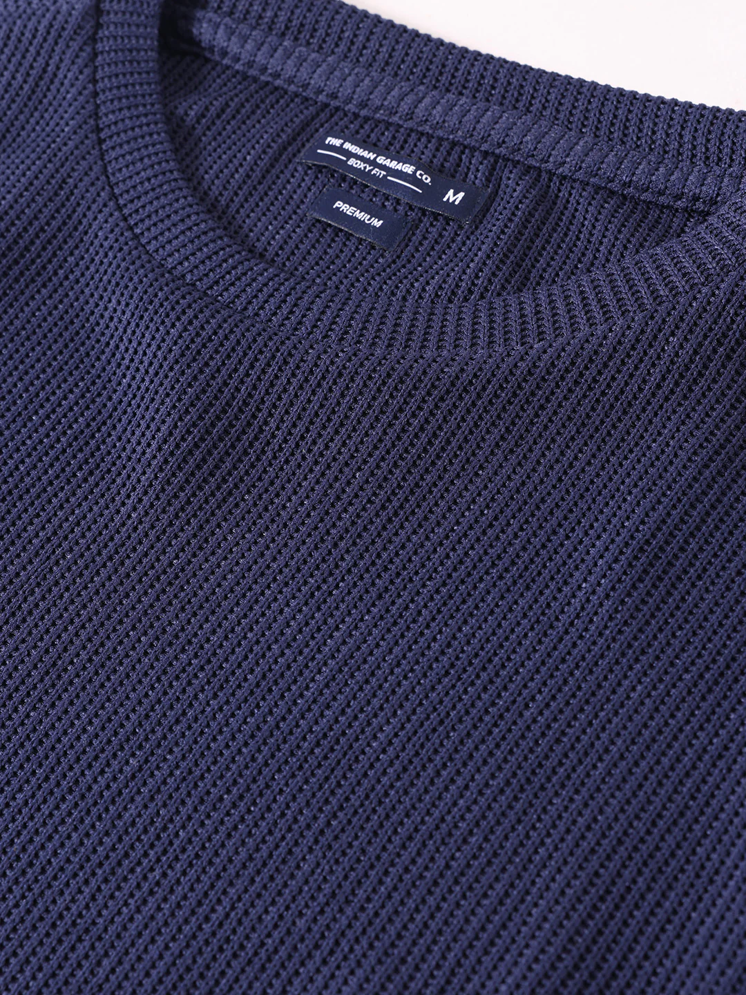Men's Navy Blue Boxy Fit Textured Casual T-Shirt - Image 6