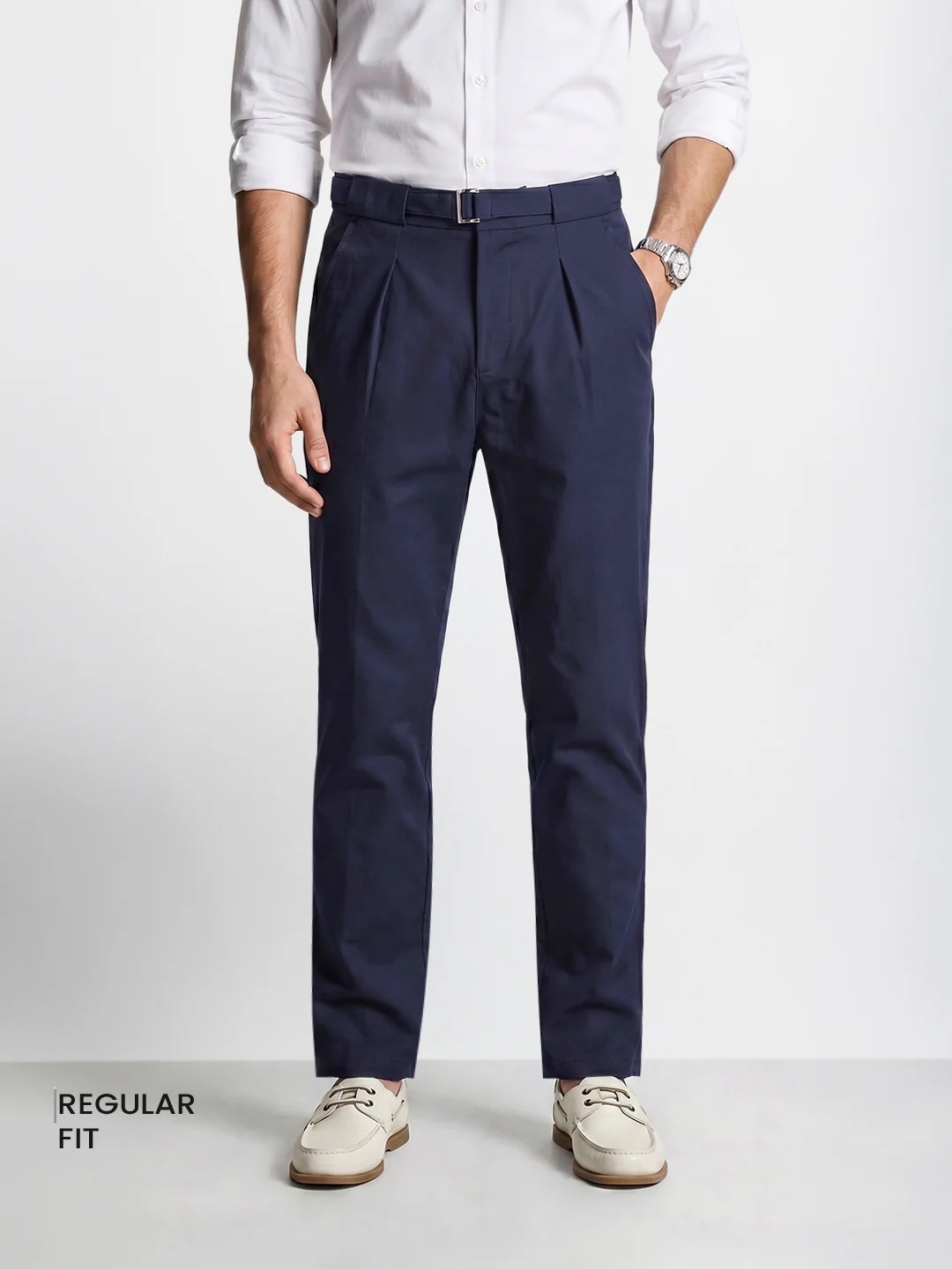 Men's Navy Blue Regular Fit Solid Casual Trousers - Image 2