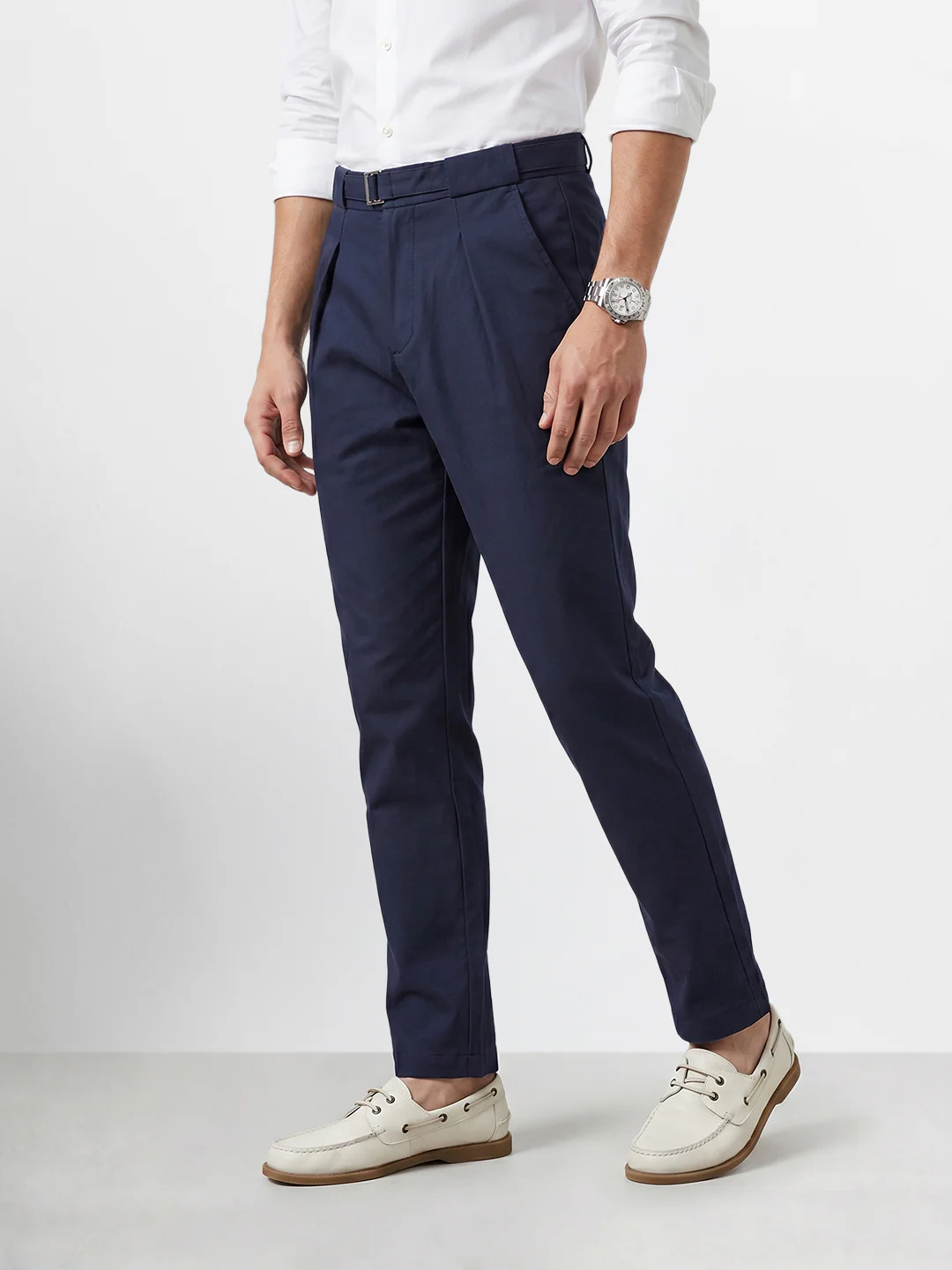 Men's Navy Blue Regular Fit Solid Casual Trousers - Image 3