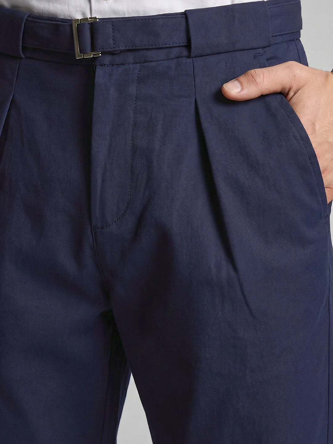 Men's Navy Blue Regular Fit Solid Casual Trousers - Image 4