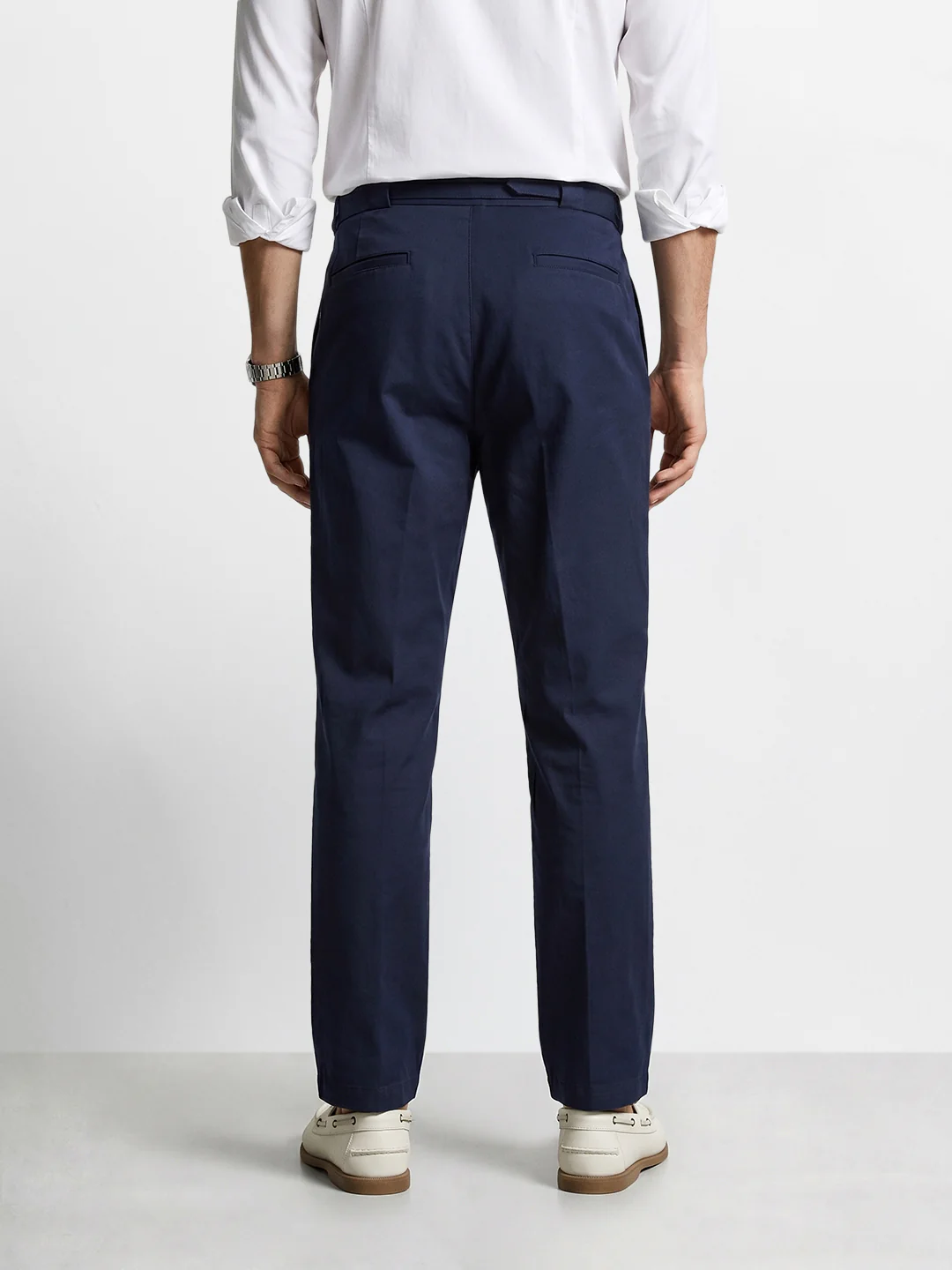 Men's Navy Blue Regular Fit Solid Casual Trousers - Image 5
