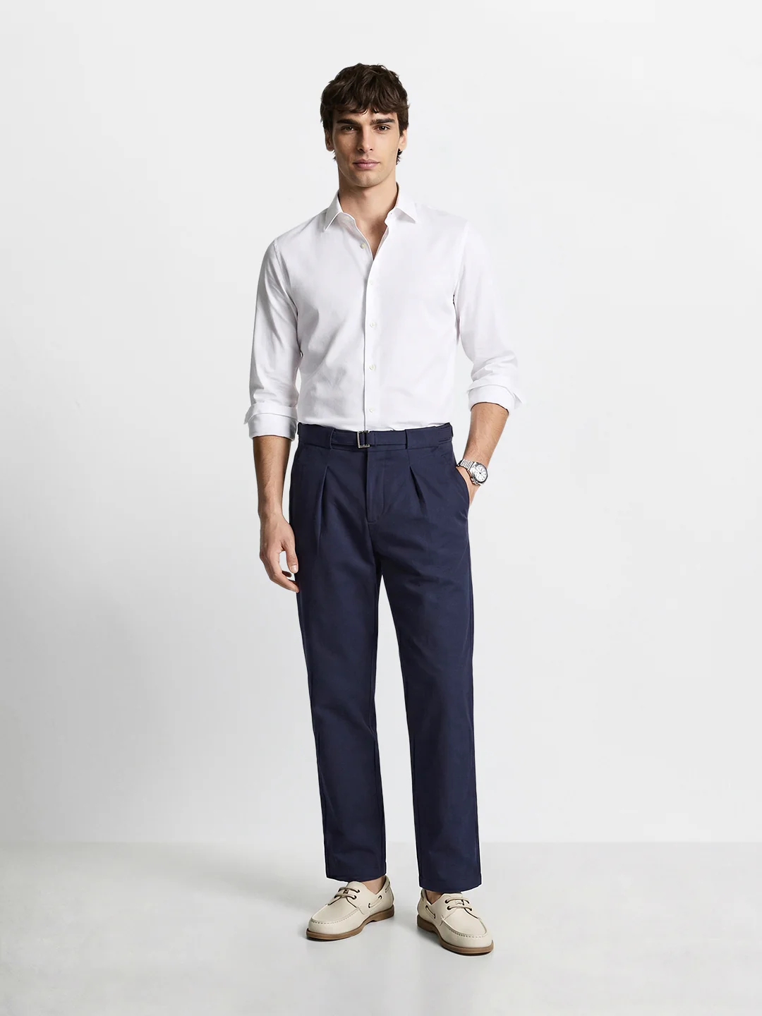Men's Navy Blue Regular Fit Solid Casual Trousers - Image 6