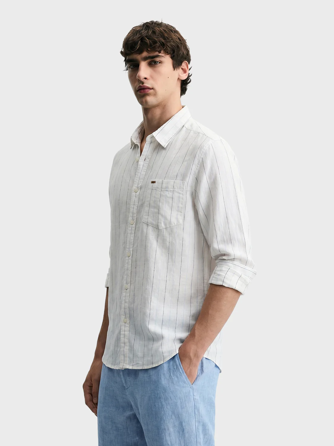 Men's Navy Blue Regular Fit Striped Casual Shirts - Image 4