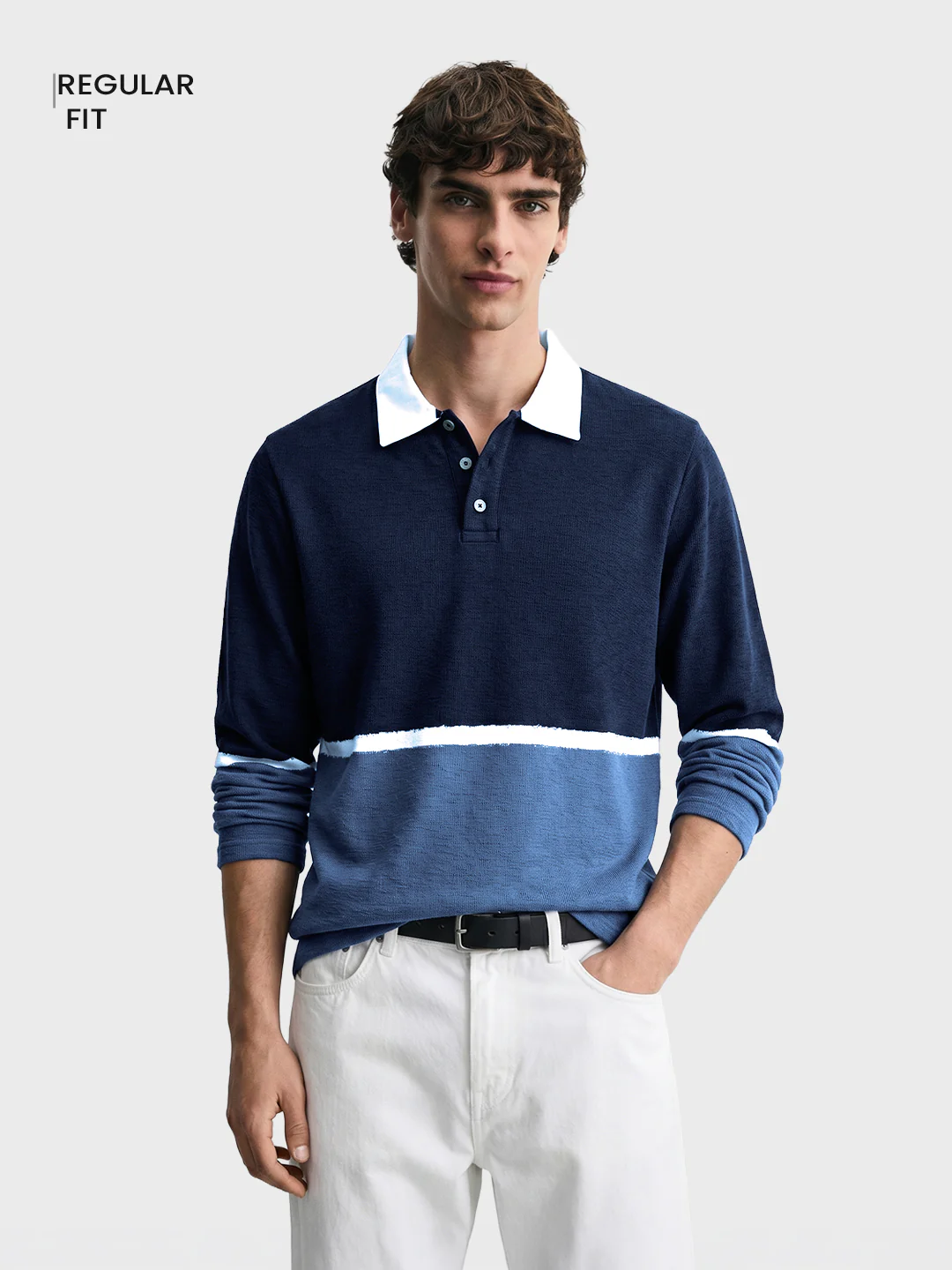 Men's Navy Blue Regular Fit Striped Casual T-Shirt - Image 2