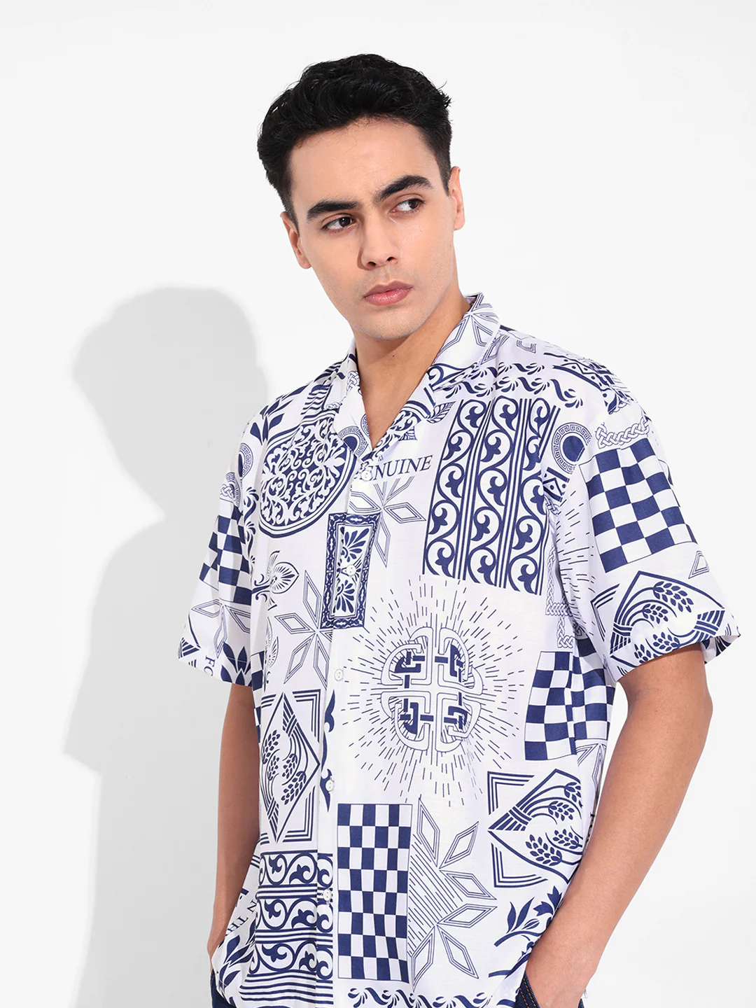 Men's Navy Blue Relaxed Fit Resort Wear Printed Shirt - Image 3
