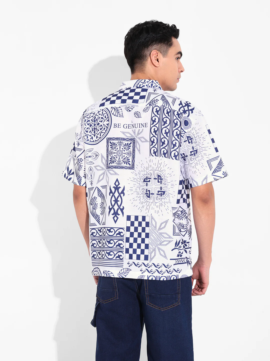 Men's Navy Blue Relaxed Fit Resort Wear Printed Shirt - Image 4