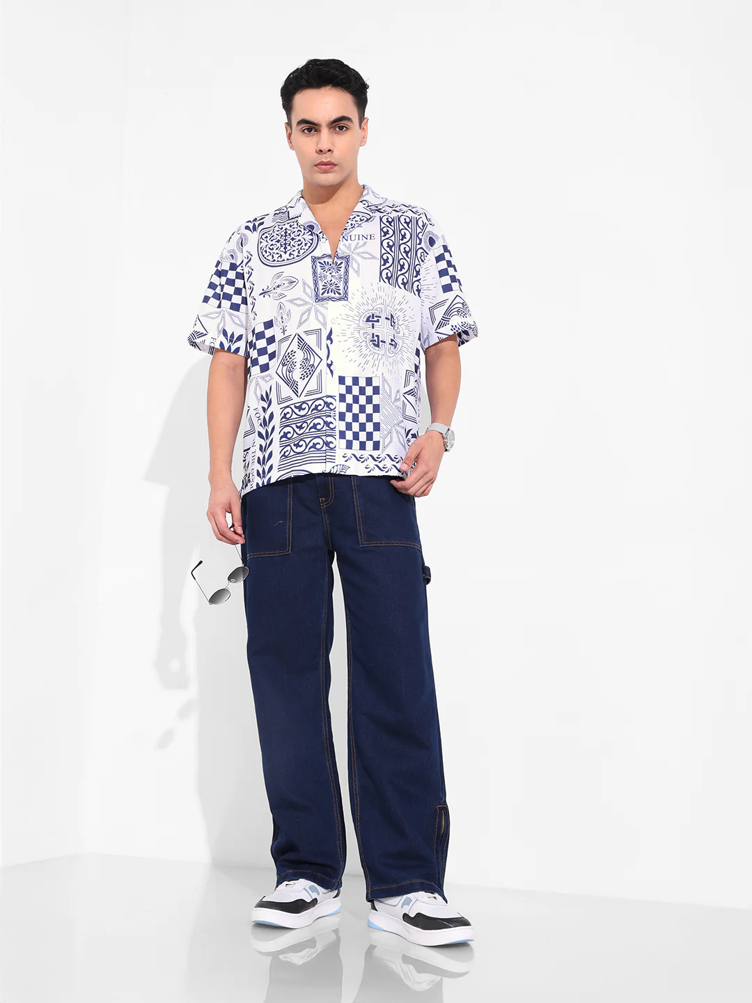 Men's Navy Blue Relaxed Fit Resort Wear Printed Shirt - Image 5