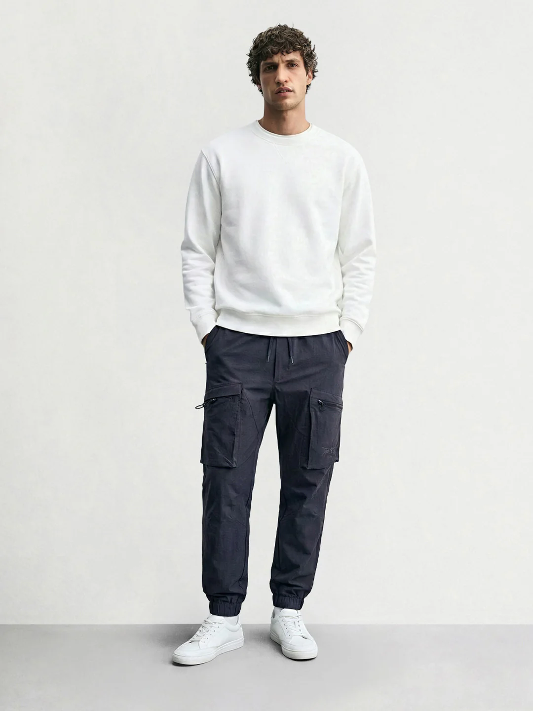 Men's Navy Blue Relaxed Fit Solid Utility Cargo - Image 3