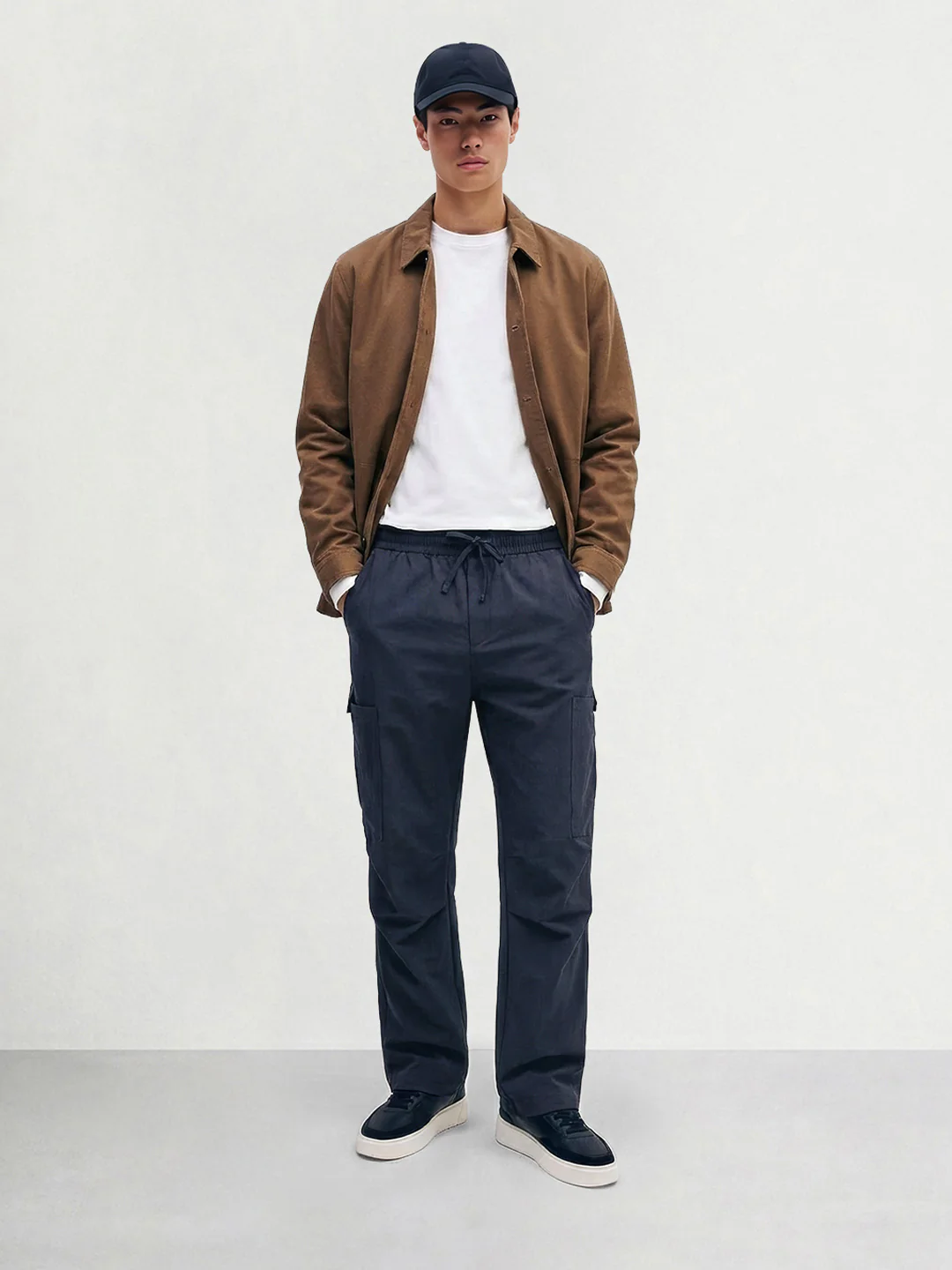 Men's Navy Blue Relaxed Fit Solid Utility Cargo - Image 3