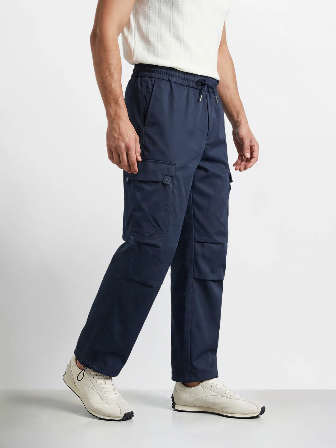 Men's Navy Blue Relaxed Fit Solid Utility Cargo - Image 3