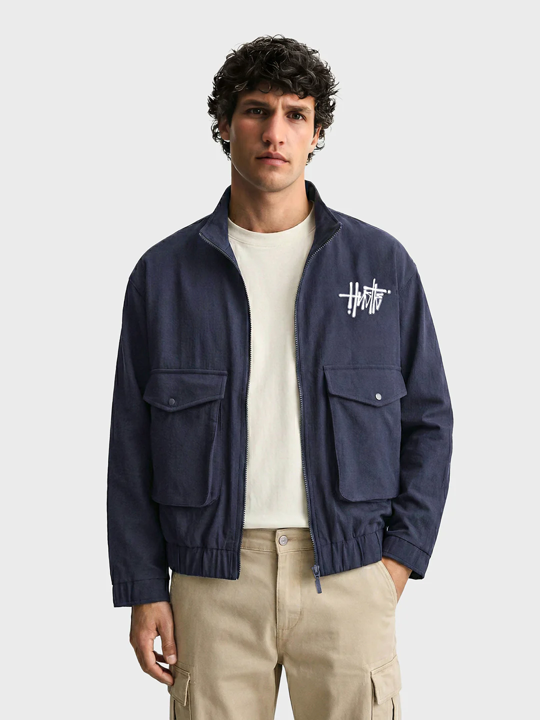 Men's Navy Blue Relaxed Fit Solid Utility Jacket - Image 2
