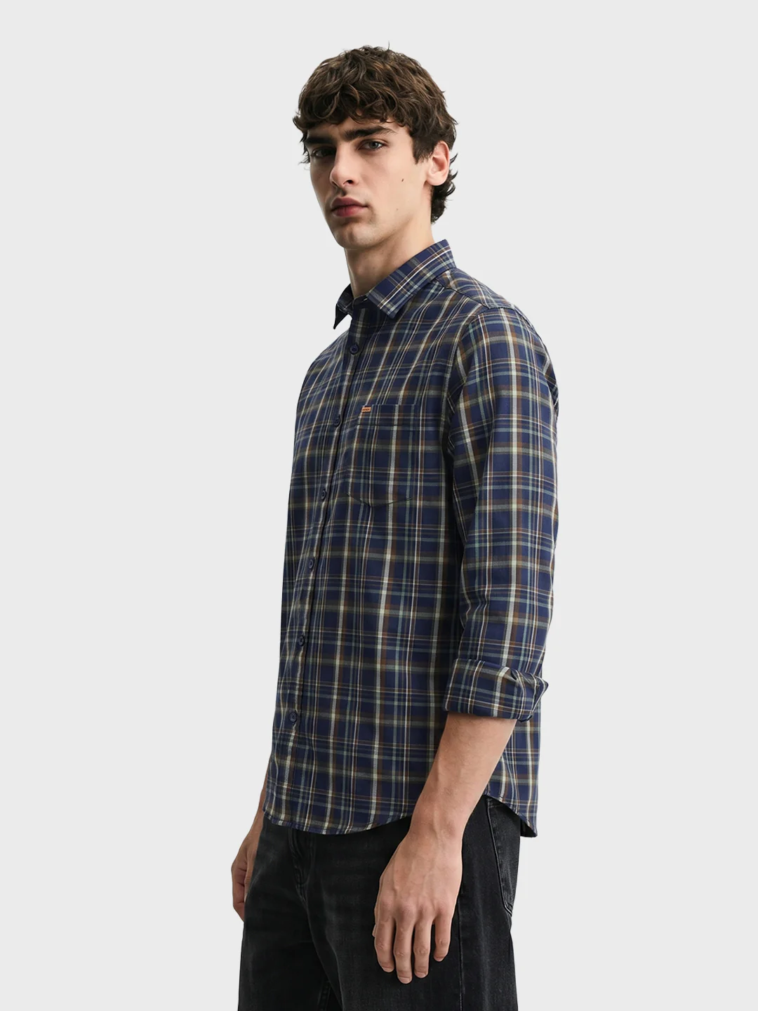 Men's Navy Blue Slim Fit Checkered Casual Shirts - Image 4