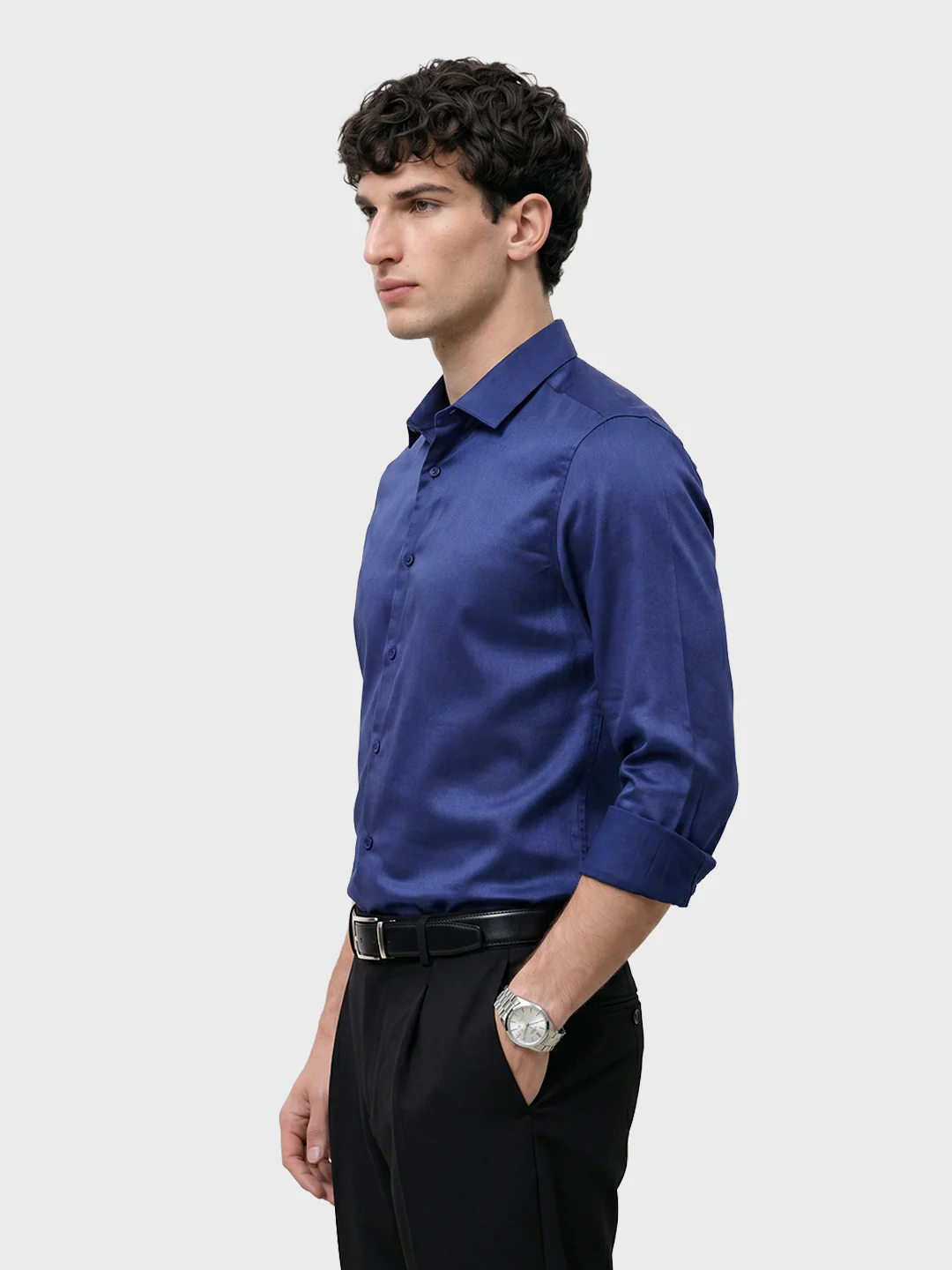 Men's Navy Blue Slim Fit Solid Casual Shirts - Image 4