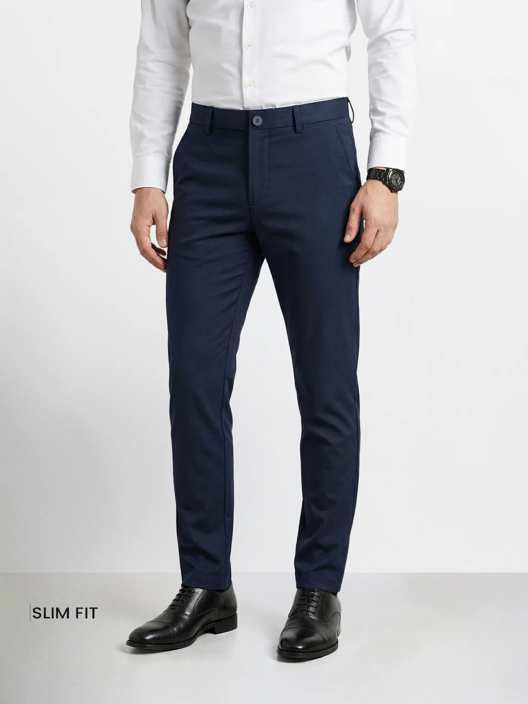 Men's Navy Blue Slim Fit Solid Formal Chinos - Image 2