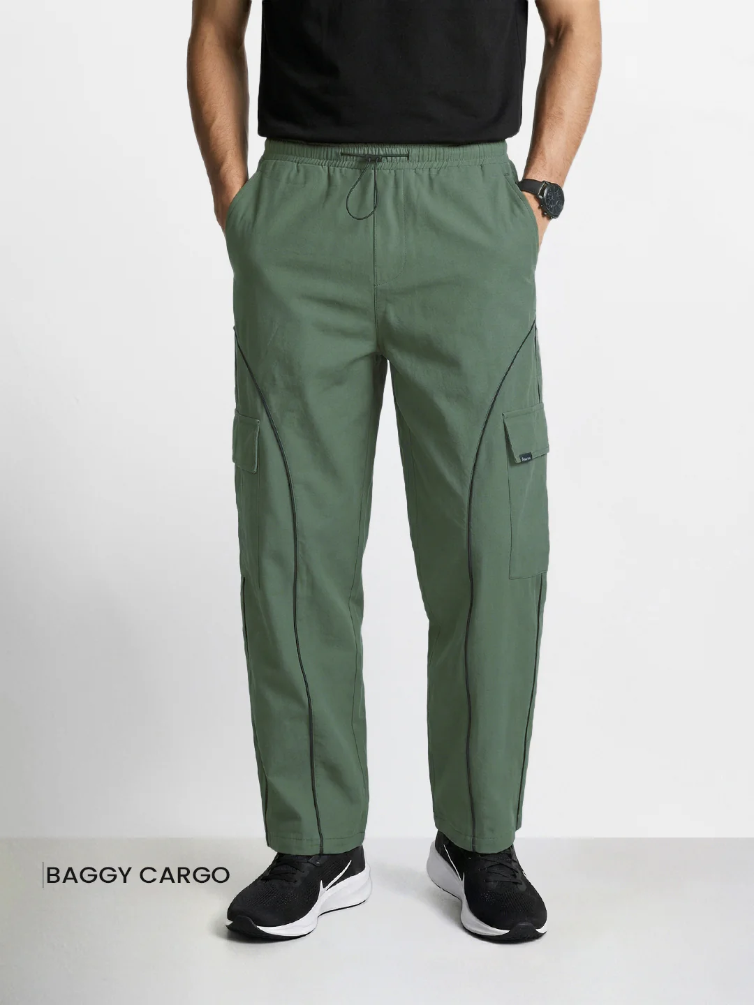 Men's Olive Baggy Fit Solid Utility Cargo - Image 2
