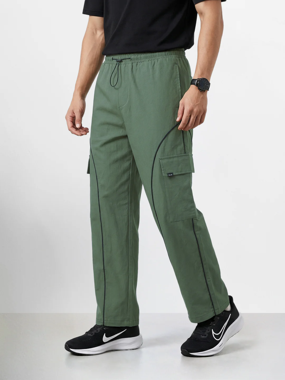Men's Olive Baggy Fit Solid Utility Cargo - Image 3