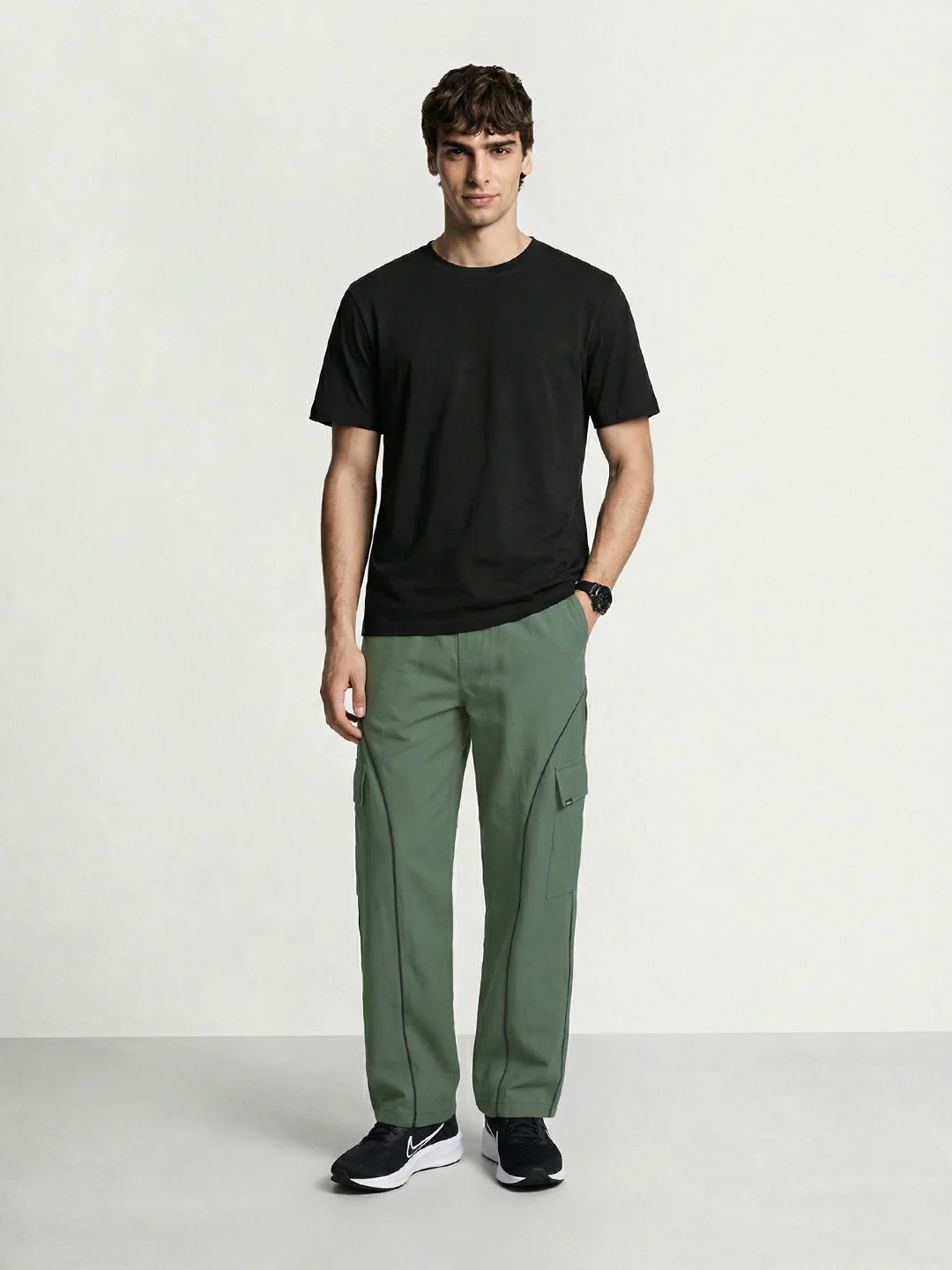 Men's Olive Baggy Fit Solid Utility Cargo - Image 5