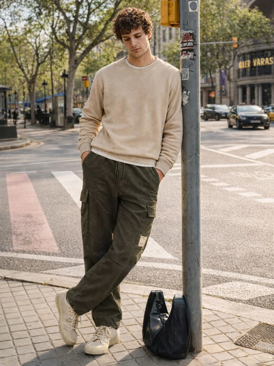 Men's Olive Baggy Fit Textured Utility Cargo - Image 4