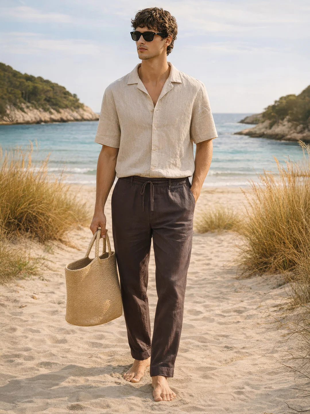 Men's Olive Regular Fit Solid Casual Trousers - Image 3