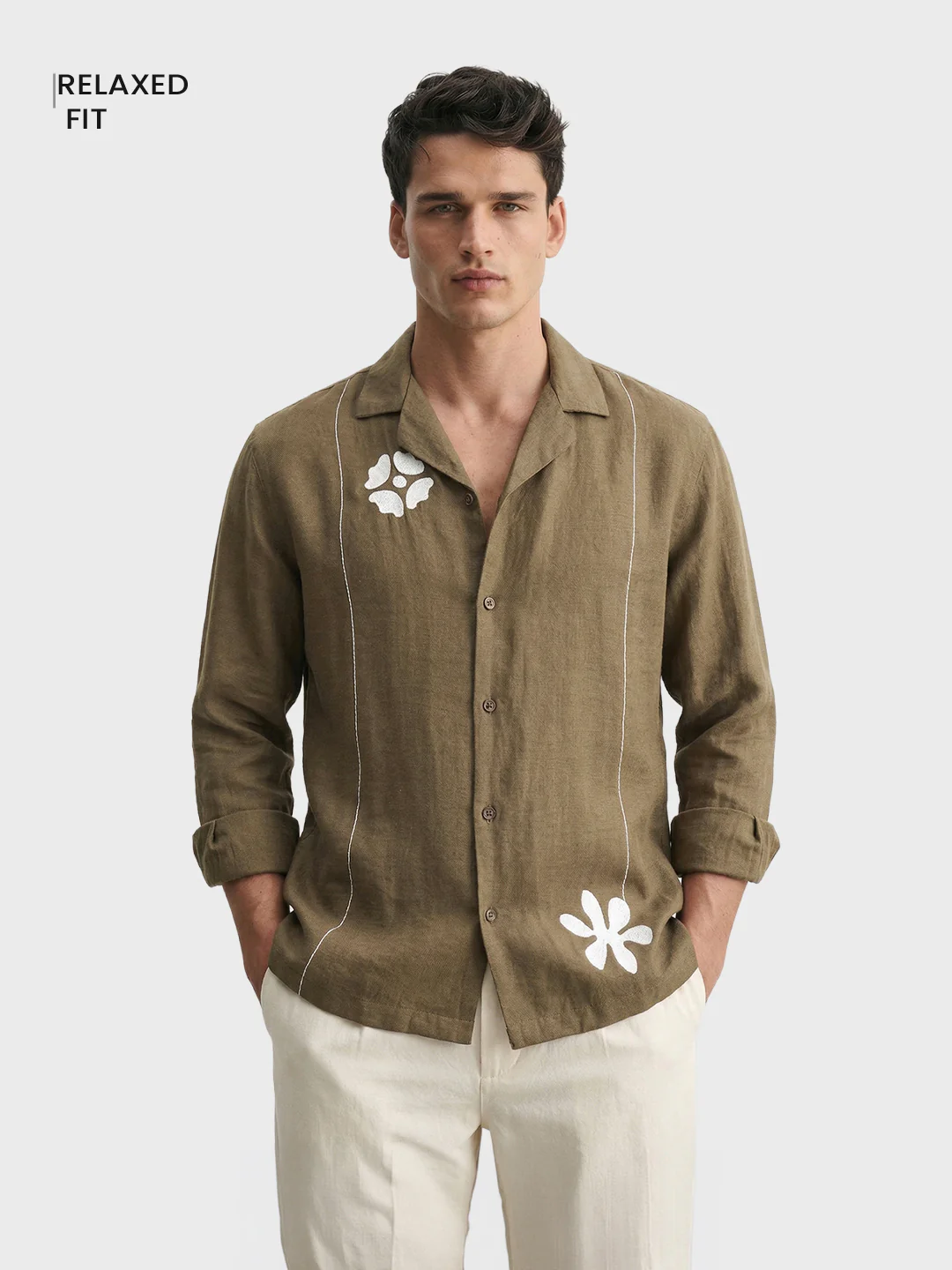 Men's Olive Relaxed Fit Embroidered Casual Shirt - Image 2