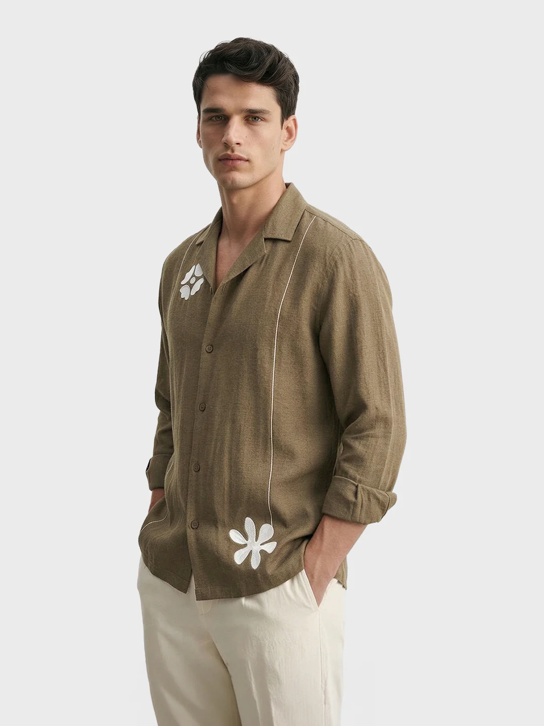 Men's Olive Relaxed Fit Embroidered Casual Shirt - Image 3