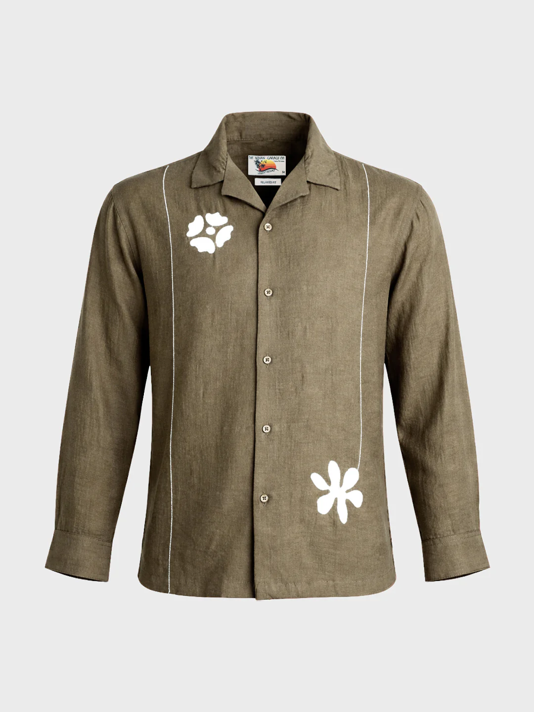 Men's Olive Relaxed Fit Embroidered Casual Shirt - Image 5