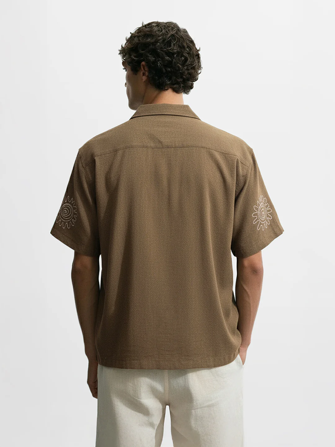 Men's Olive Relaxed Fit Embroided Resort Wear Shirt - Image 2