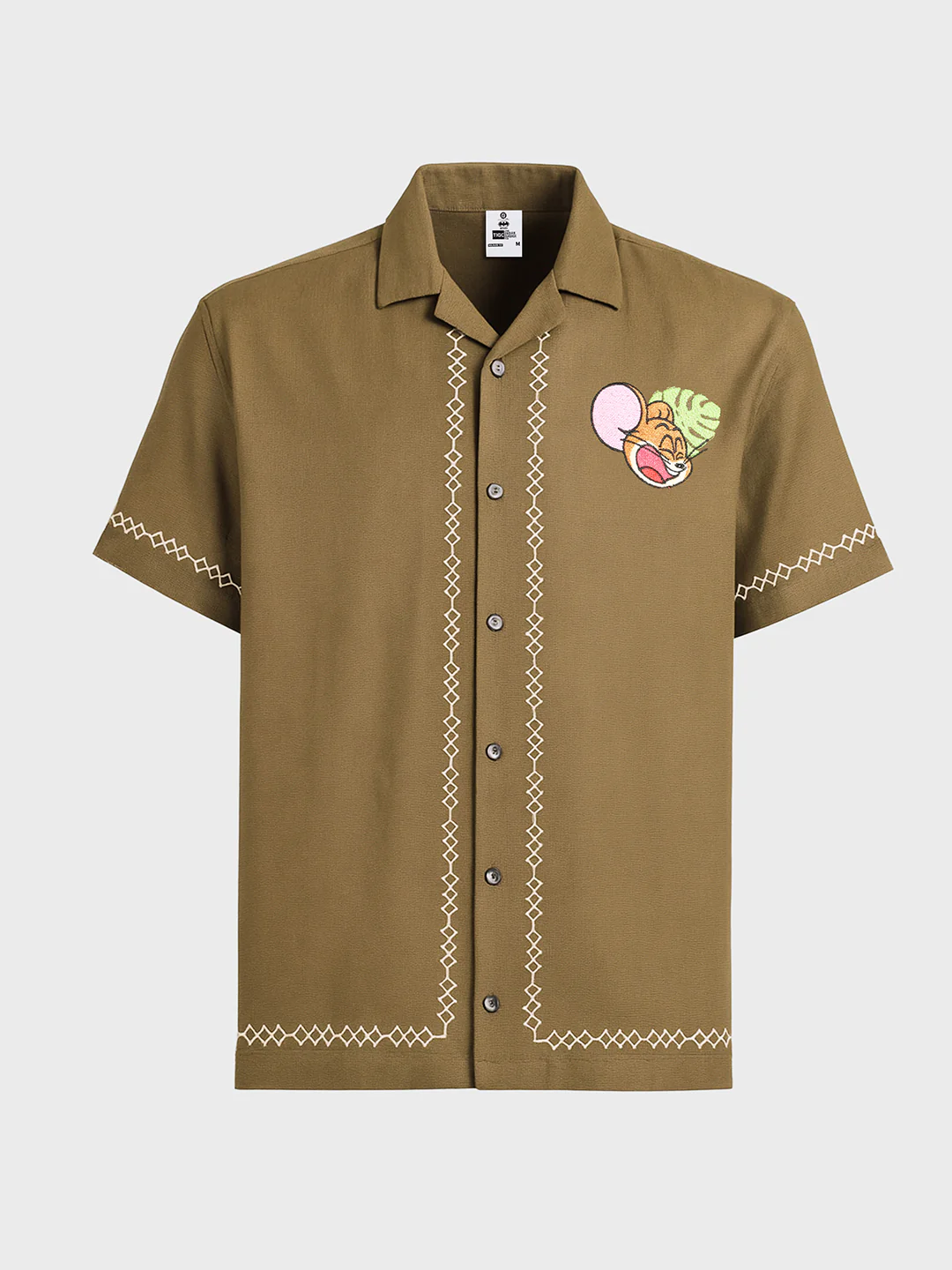 Men's Olive Relaxed Fit Embroidered Tom&Jerry Character Shirt - Image 3