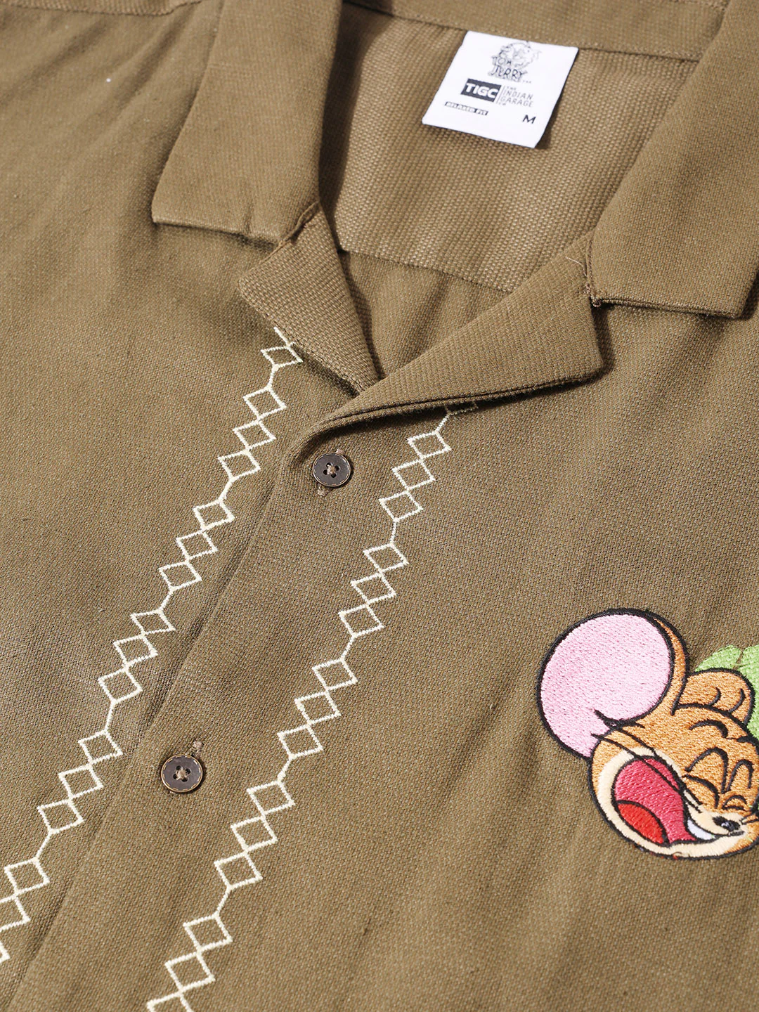 Men's Olive Relaxed Fit Embroidered Tom&Jerry Character Shirt - Image 5
